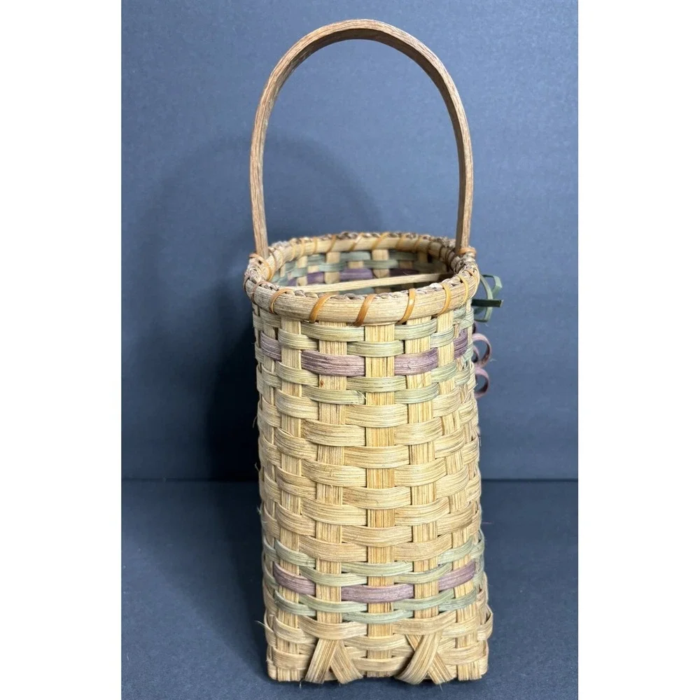 Vintage Handmade Split Wood Basket Divided Bow Design 14